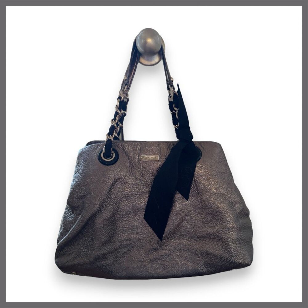 Kate Spade Silver Pebbled Leather Hand Bag with Bow and Hardware Details